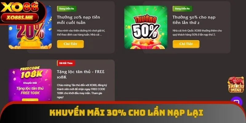Khuyến mãi Xo88 30% cho lần nạp lại được nhiều thành viên yêu thích